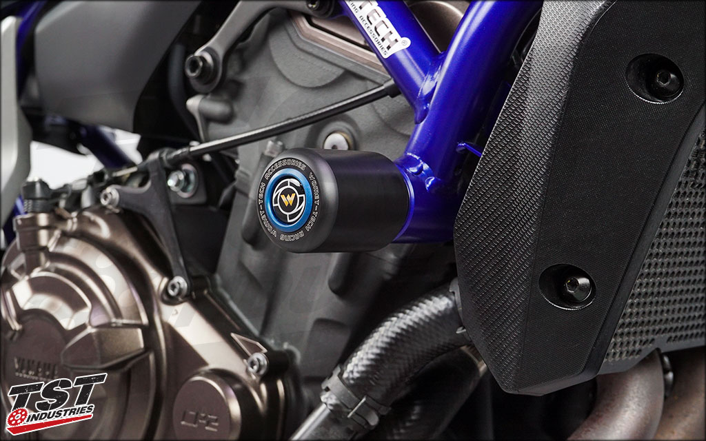 Womet-Tech standard Frame Sliders for the Yamaha MT-07 / FZ-07 (Shown with Blue Color Option).